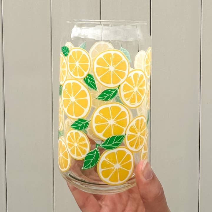 Lemon 16 oz Can Glass Cup for wholesale by Emily Paige Company
