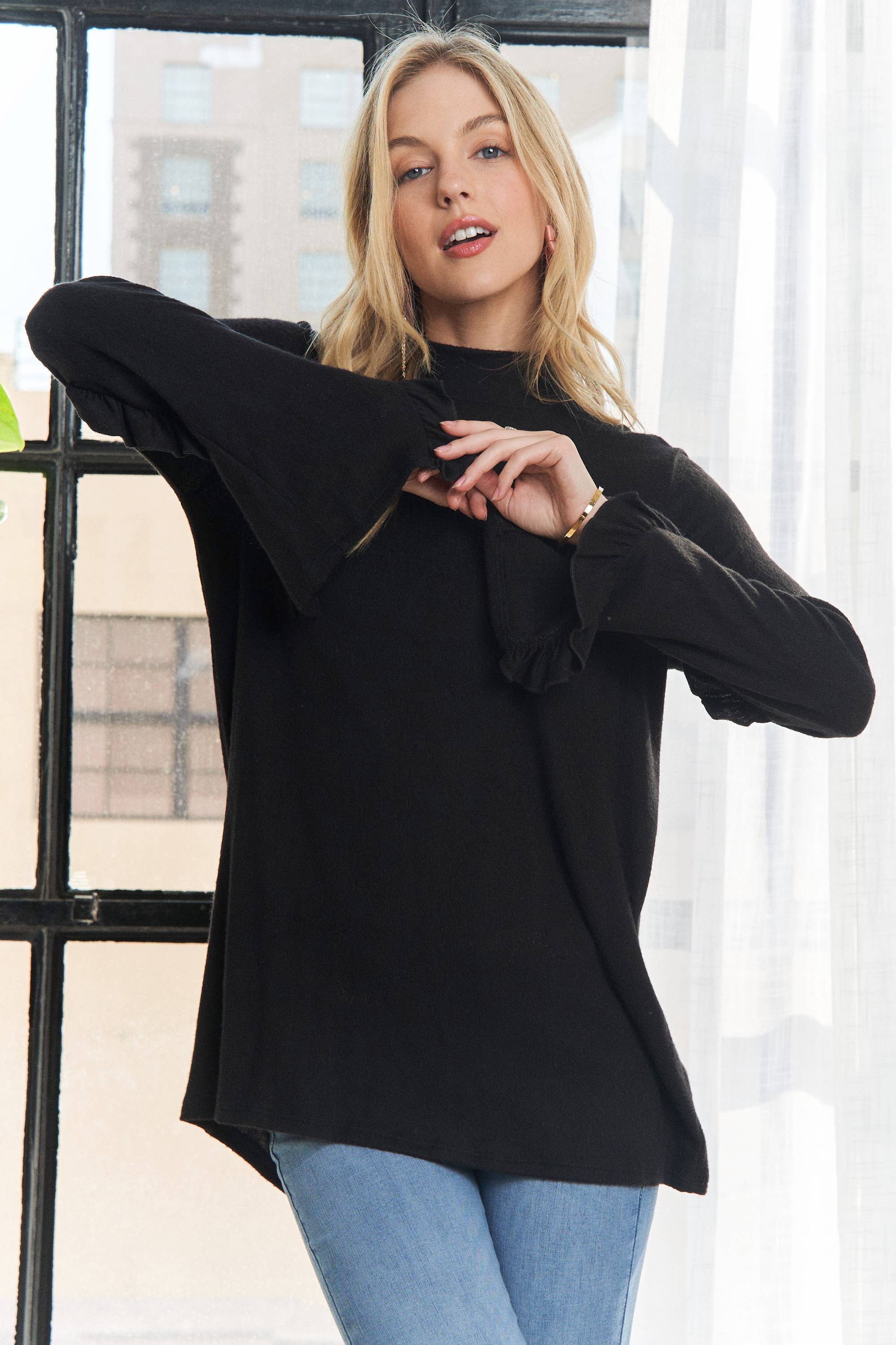 ADORA LA - Wholesale Tunic - Women's - MYT12499 -BRUSHED HACCI MOCK NECK RUFFLE TOP12