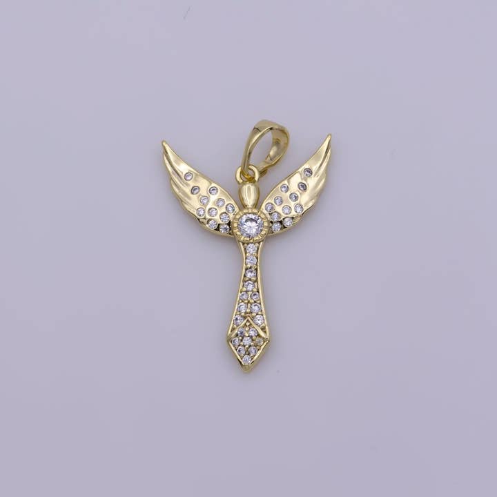 Pendentif Ange Cubique 14k Or Rempli Charm Aile d'Ange Bijoux Religieux de Noël N-1337 pour la vente par Aim Eternal