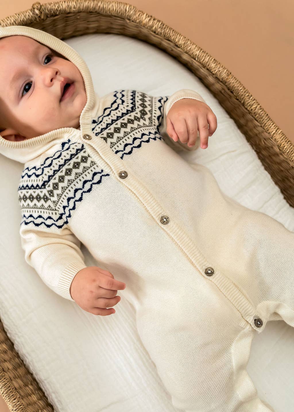 Natural Fair Isle Jacquard Sweater Knit Baby Hooded Jumpsuit for wholesale on Faire5