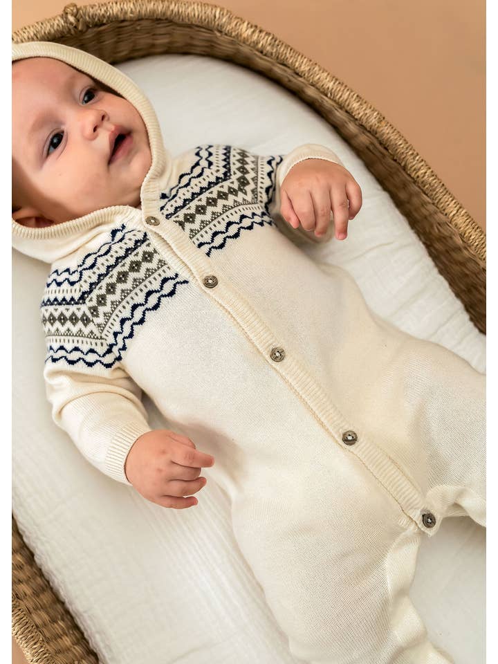 Natural Fair Isle Jacquard Sweater Knit Baby Hooded Jumpsuit for wholesale on Faire5