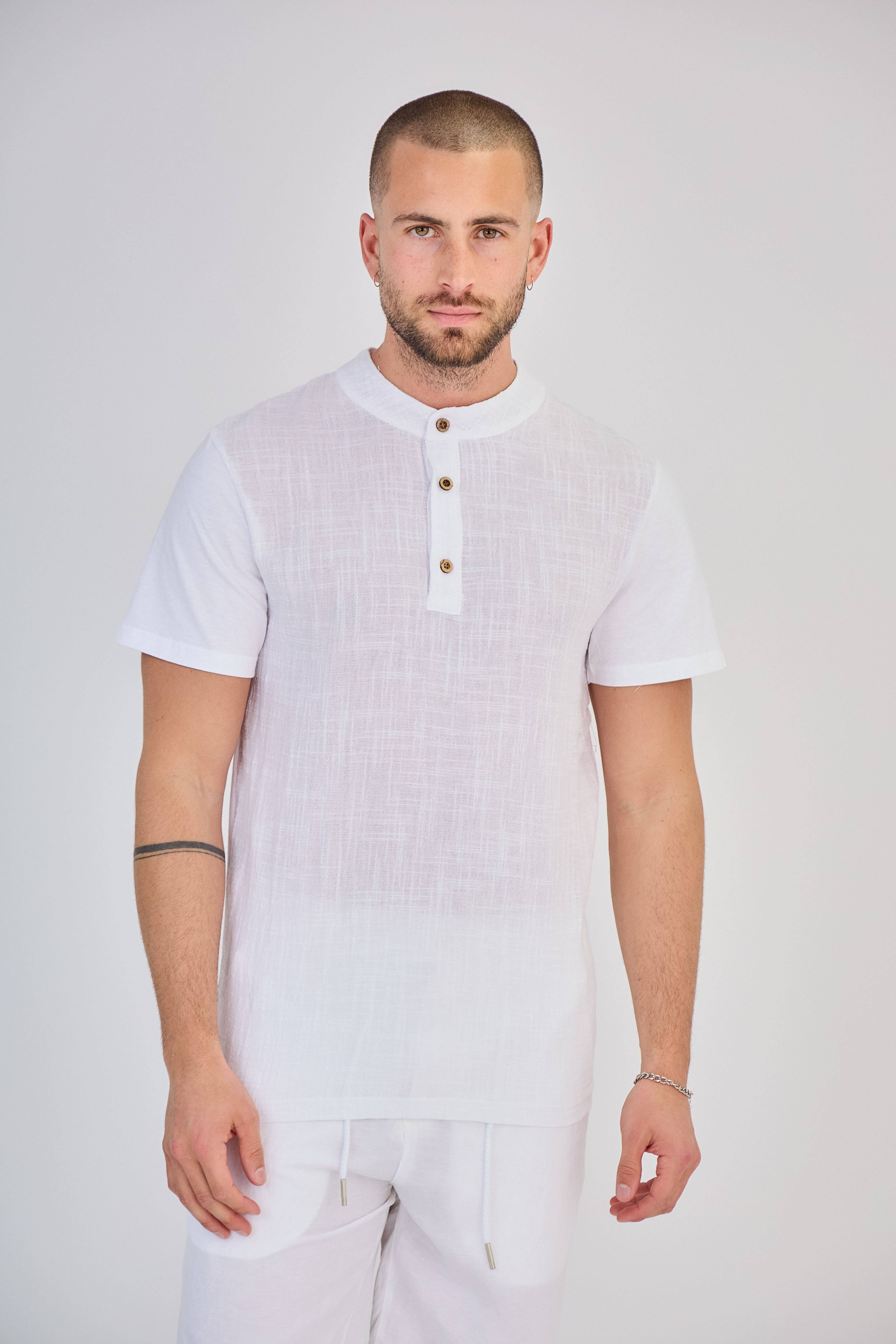 TOP MONDAY - Vente T-shirt – homme - T-Shirt en Lin Manches Courtes Blanc Col Mao3