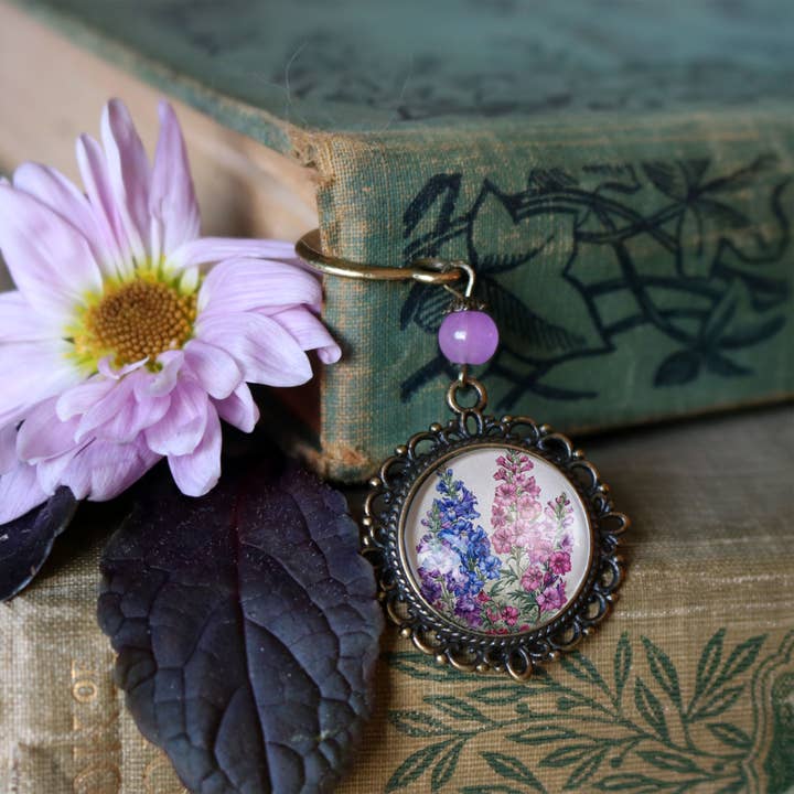The Divine Iguana - Wholesale Bookmark - Larkspur Flower / Delphinium Bronze and Glass Bookmark