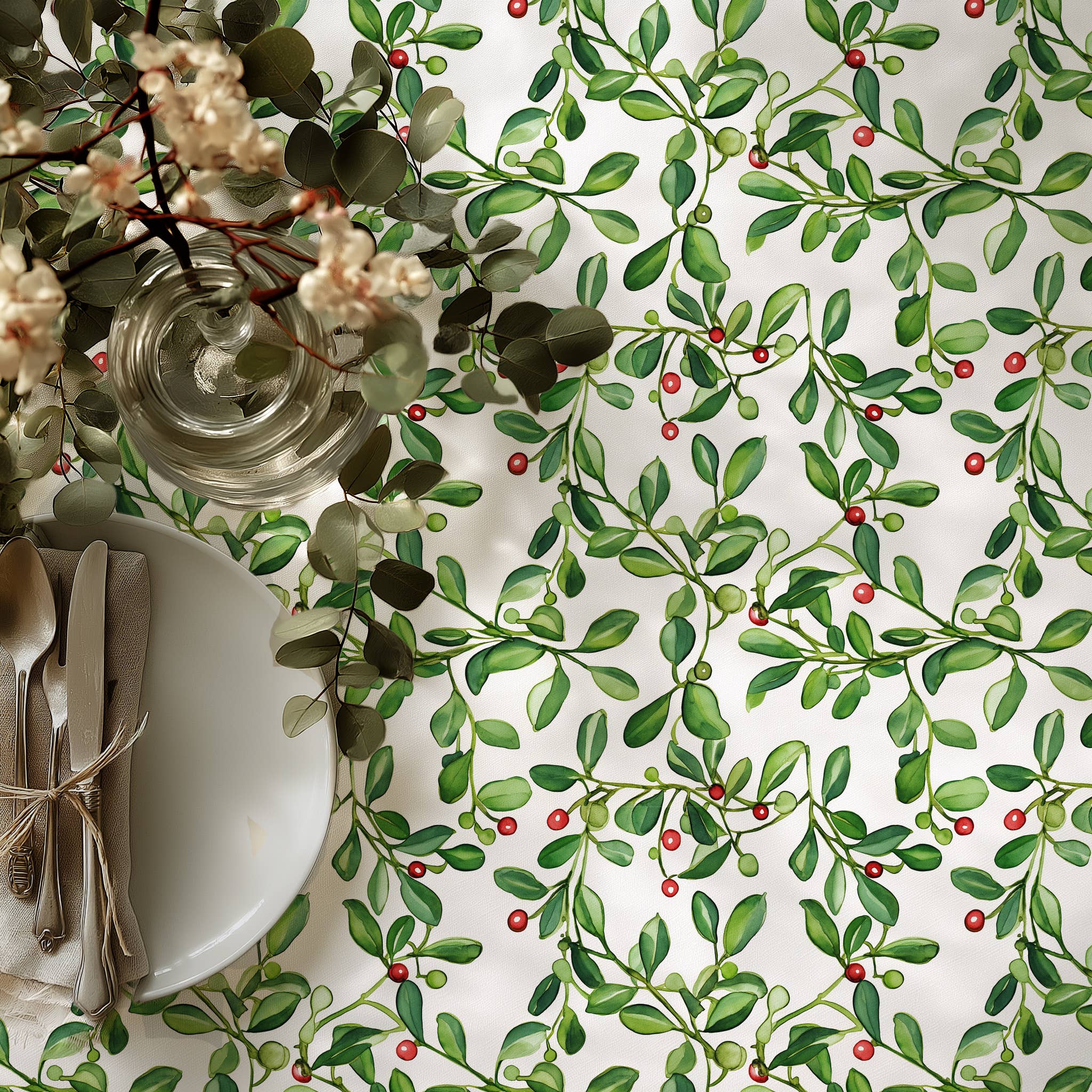 NorraVilla - Wholesale Tafelkleed - 100% Linnen Tafellaken maretak Groen - Kersttafel1