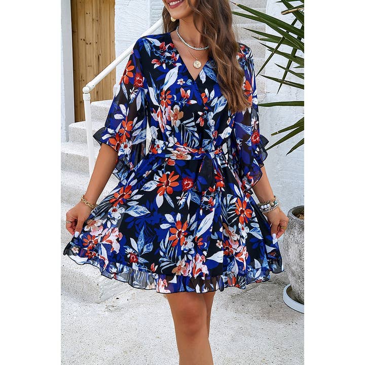 Supreme Fashion - Wholesale Dress - Women's - Floral V Neck Waist Tie Ruffle Hem Wrap Dress