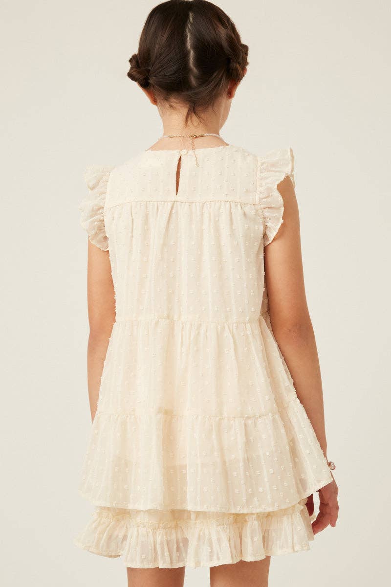Cream Girls Textured Stripe Swiss Dot Ruffled Tiered Top for wholesale on Faire4