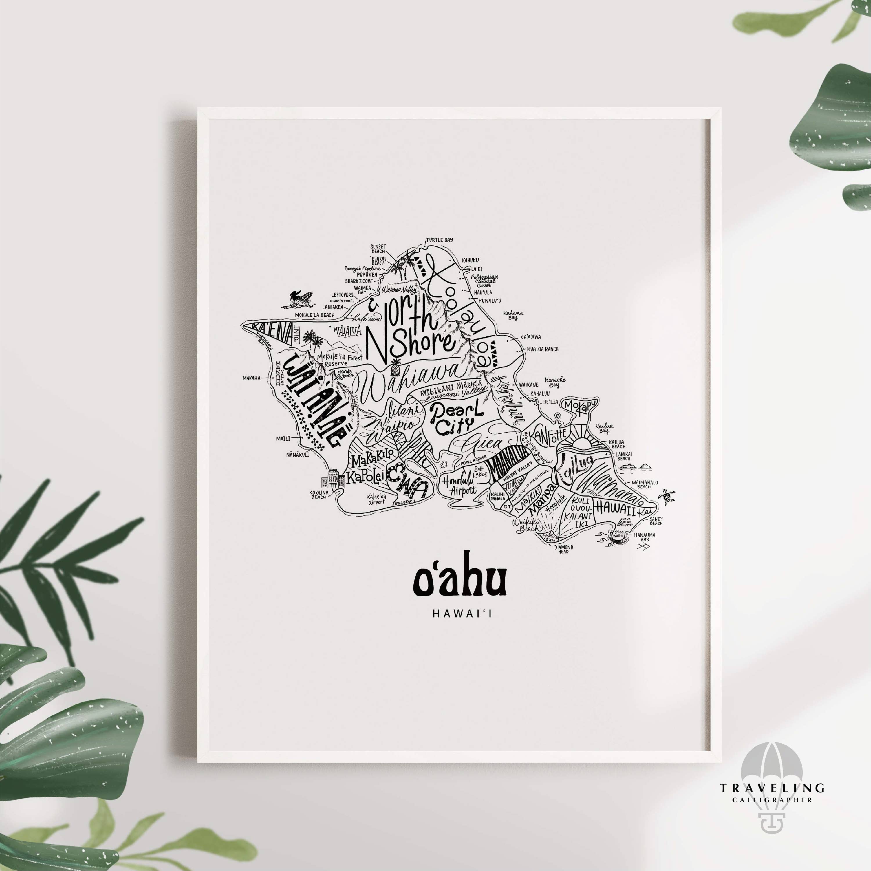 Traveling Calligrapher – Großhandel Kunstdruck – Karte der Nachbarschaft von Oahu Drucken3
