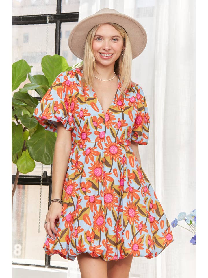 Madelyn - Wholesale Dress - Women's - LED3814WN-PUFF SLEEVE FLORAL DRESS