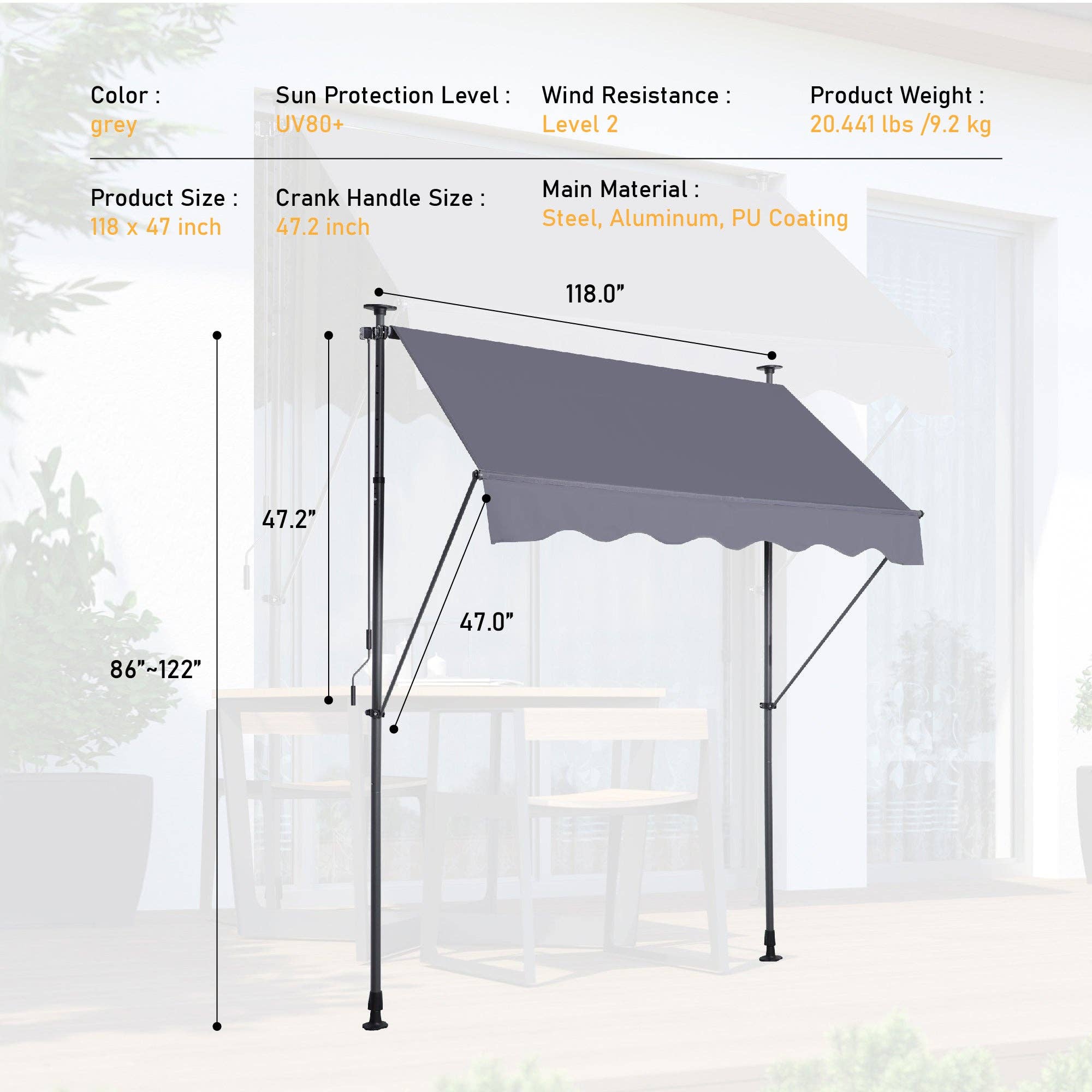 39F Inc. - Wholesale Patio Umbrella - Manual Retractable Patio Awning – 118" UV-Resistant Grey2