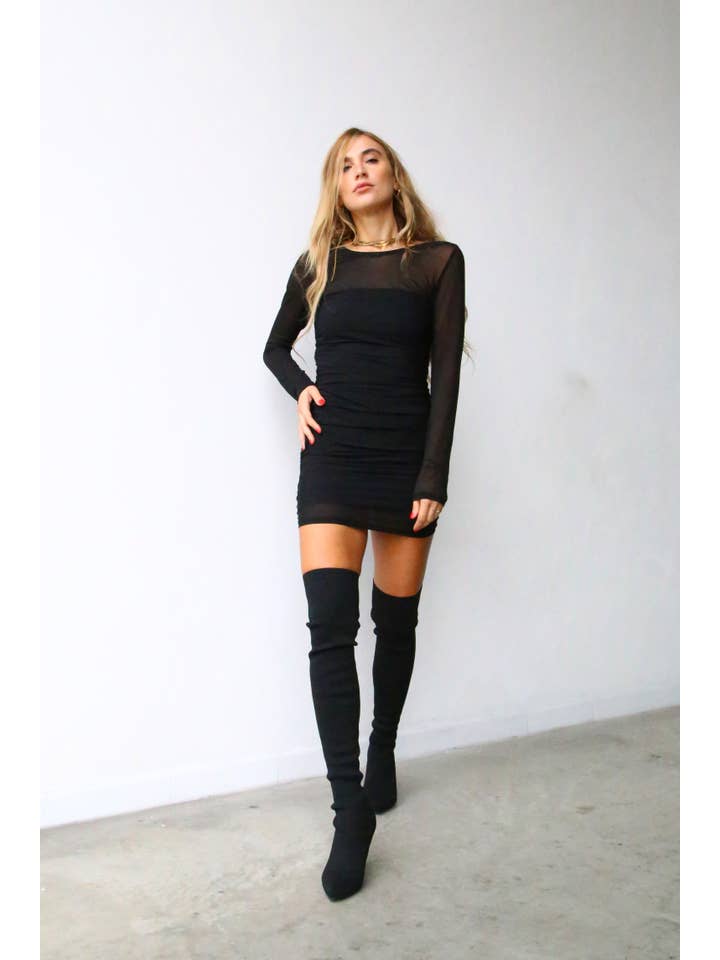 A6080 SHORT GATHERED DRESS LONG SLEEVE BLACK TULLE for wholesale on Faire8