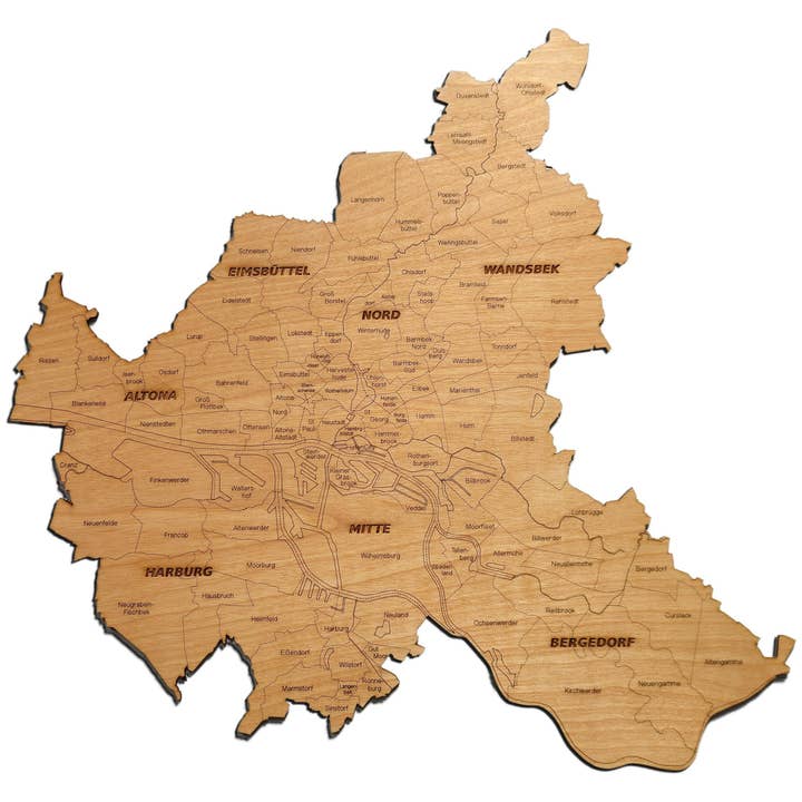 Mappa in legno di Amburgo, Germania per la vendita all'ingrosso da parte di Meridian Maps