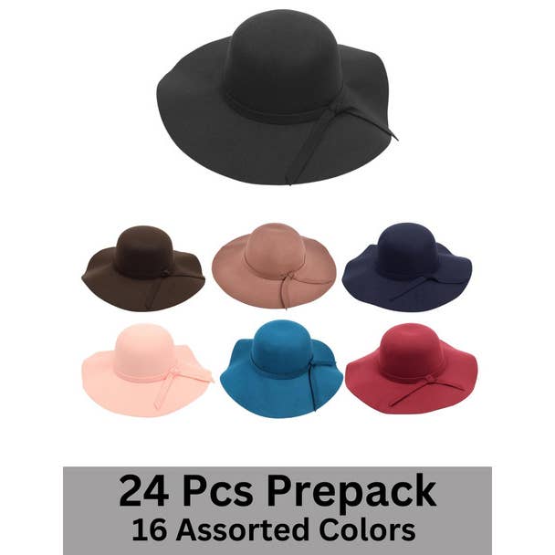 24 Pcs Prepack Women Polyester Felt Wide Brim Hat for wholesale by Selini New York