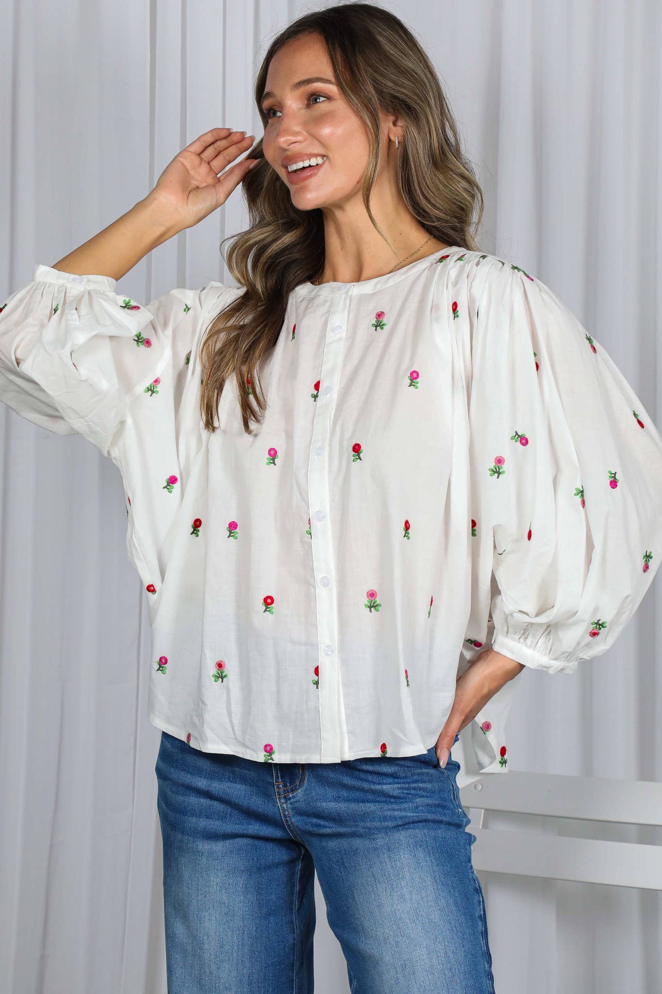 Off White English Ross Embroidered Draped 3/4 Sleeve Blouse VT82897 for wholesale on Faire17