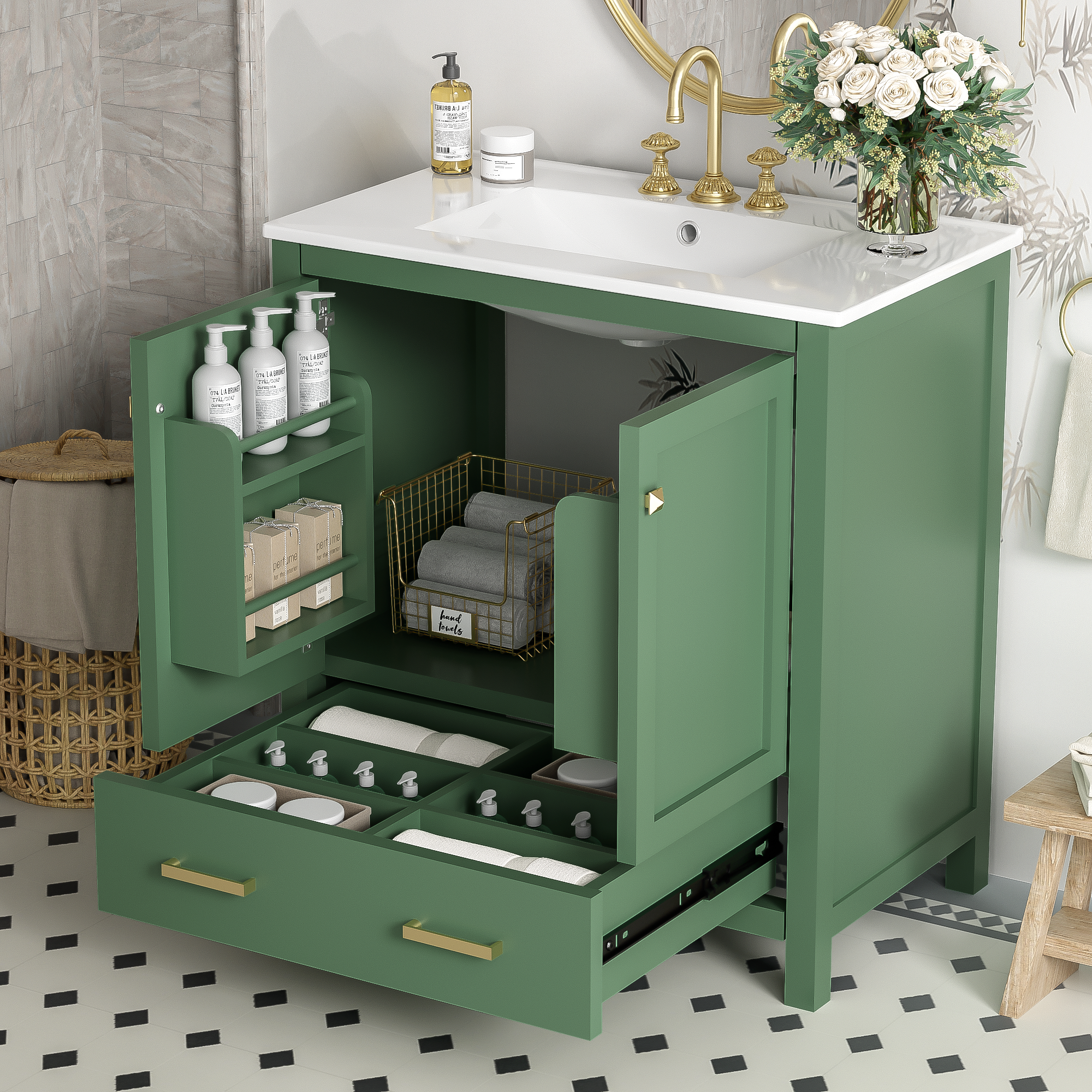 Orange County Decor - Wholesale Cabinet - 30 Inch Green Bathroom Vanity With Single Sink, Combination Under Counter Sink, Bathroom Storage Cabinet With 2 Doors And A Drawer, Soft Closure, Multifunctional Storage Wf324043 Green Bathroom0