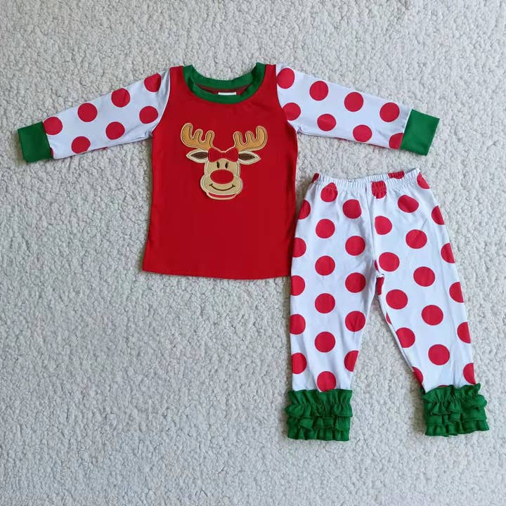Yawoo Garments - Wholesale Sleepwear set – Kids - Reindeer embroidery polka dots cotton Christmas pajamas1
