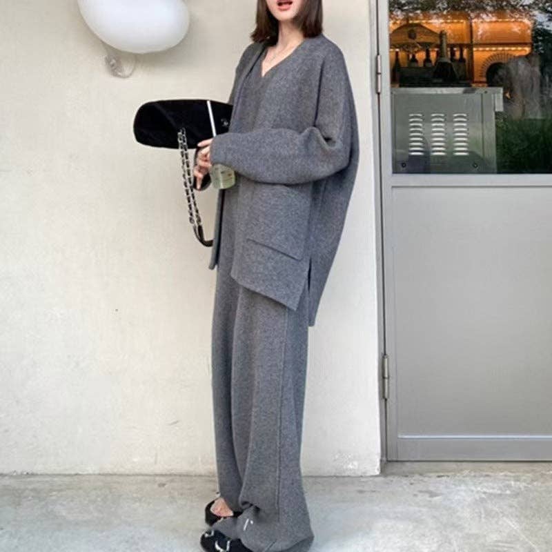 Marayn - Wholesale Top & Pant Set (NOT Loungewear) - Women's - Luxury AutumnWinter Knit Set Chic Sweater VNeck Wide Pants2