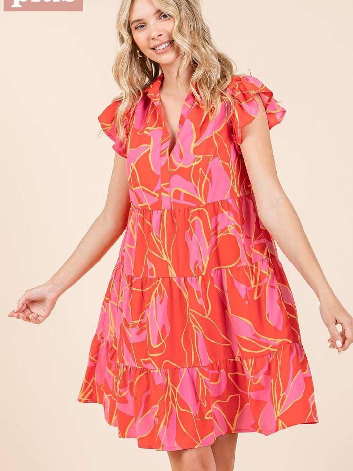mittoshop - Wholesale Dress - Women's - PLUS LEAF PRINT RUFFLE SLEEVE TIERED MINI DRESS