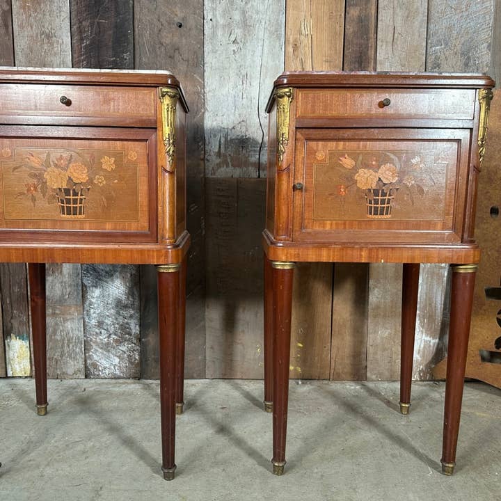 Antique Pair Walnut Marble Top French Bedside Tables for wholesale by belvoir