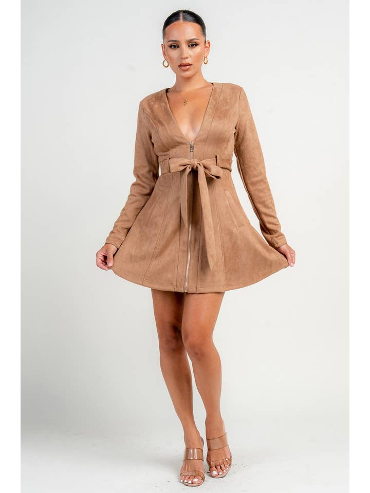 PRIVY - Wholesale Dress - Women's - PG2494EAK_V NECK FRONT ZIPPER OPEN BELTED FLARE COAT DRESS5