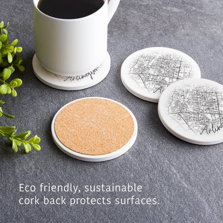 Love Local - Wholesale Coasters - Minimalistic B&W Texas Arlington Circle Map | Absorbent Coasters | Set of 4 | Min 24