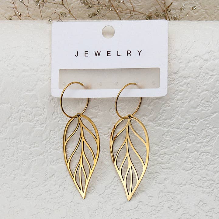 Gold Leaf Drop Earrings • Leaf Hoop Earrings • PVD Plating for wholesale by UBNY Collection