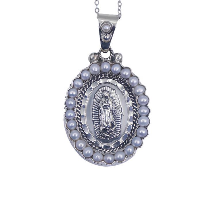 Sterling Silver Our Lady of Guadalupe Necklace with Pearls – 18” for wholesale by Guadalupe Gifts