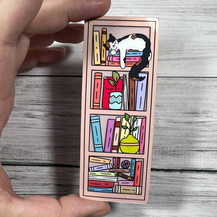 Large Cat Bookcase Glossy Vinyl Water Resistant Sticker | Hi for wholesale by familiar sadie