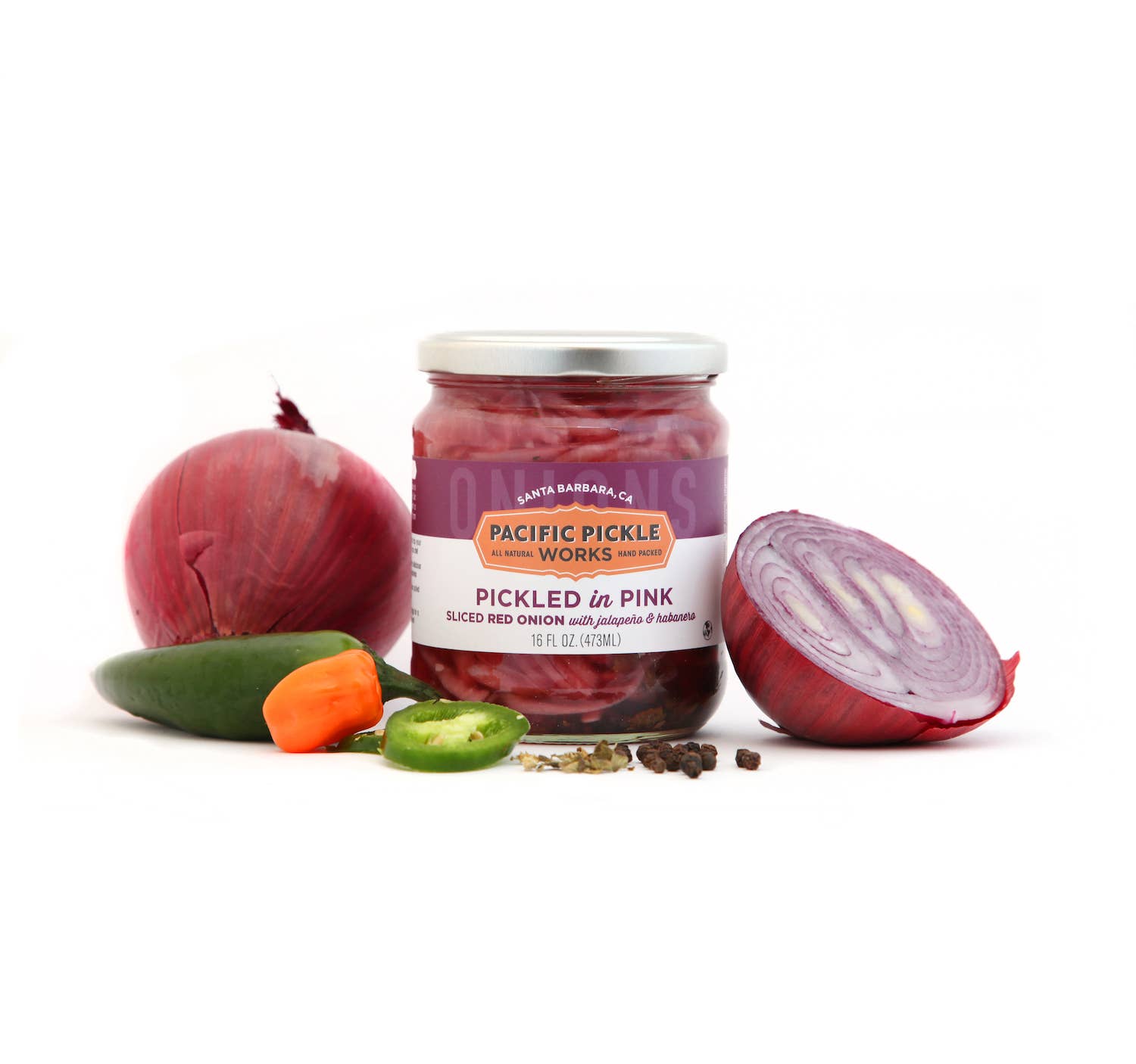 Pacific Pickle Works - Wholesale Pickled Vegetables - Pickled in Pink - Sliced Red Onion with Jalapeño & Habanero1