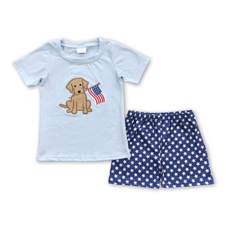 Dog flag embroidery shirt stars shorts boy 4th of july outfi for wholesale by Yawoo Garments