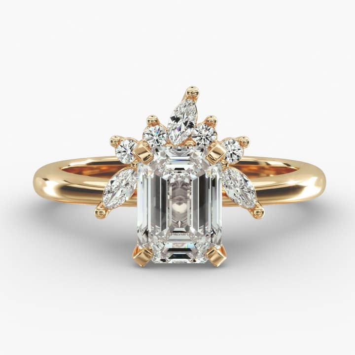 Crown Bloom Halo Emerald Lab Grown Diamond Center Engagement Ring for wholesale by Caratina