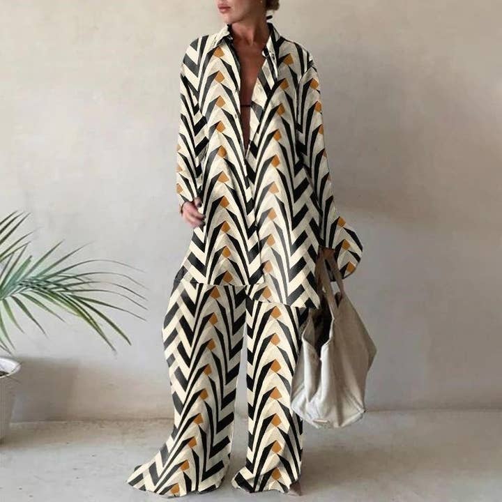 FurDecoration - Wholesale Top & Pant Set (NOT Loungewear) - Women's - Printed Loose Fit Long Sleeve Shirt And Straight Leg Pants