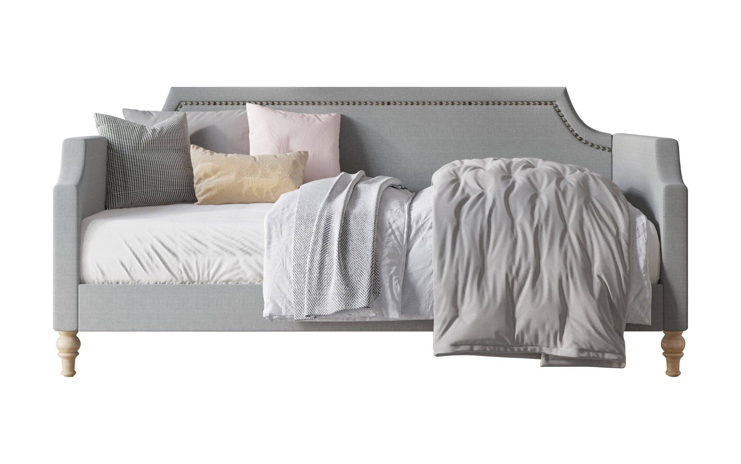 Home Design - Wholesale Day Bed - Pita Upholstered Twin Daybed with Nailhead Trim and Scooped Silhouette, Gray – Adult Living Room, Guest Room, or Bedroom, Easy Assembly3