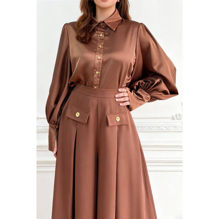 X0360LS Satin Blouse and Wide-Leg Trouser Set for wholesale by XHHH Inc