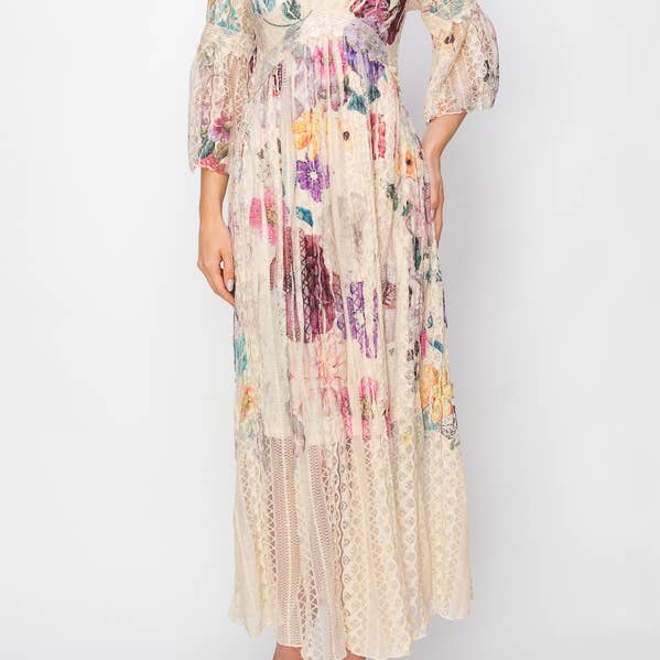 Romantic Lace Bell-Sleeved A-Line Midi Dress - 4658 BG/PURPLE FL for wholesale by Origami Apparel ~ Lace and Crochet inspired