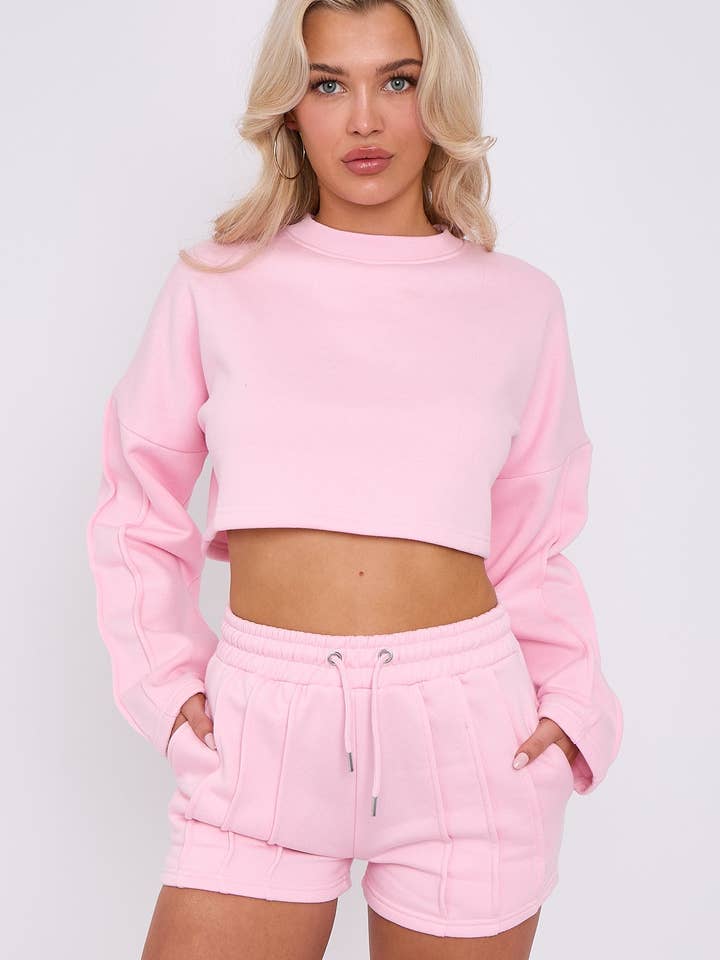 AX Labels - Wholesale Lounge Set - Women's - Seam Detail Oversized Crop Top & Shorts Fleece Co-ord4