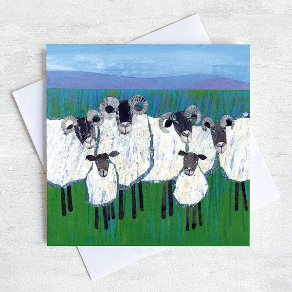 The Gathering Flock Sheep Countryside Greetings Card for wholesale by Joanne Wishart