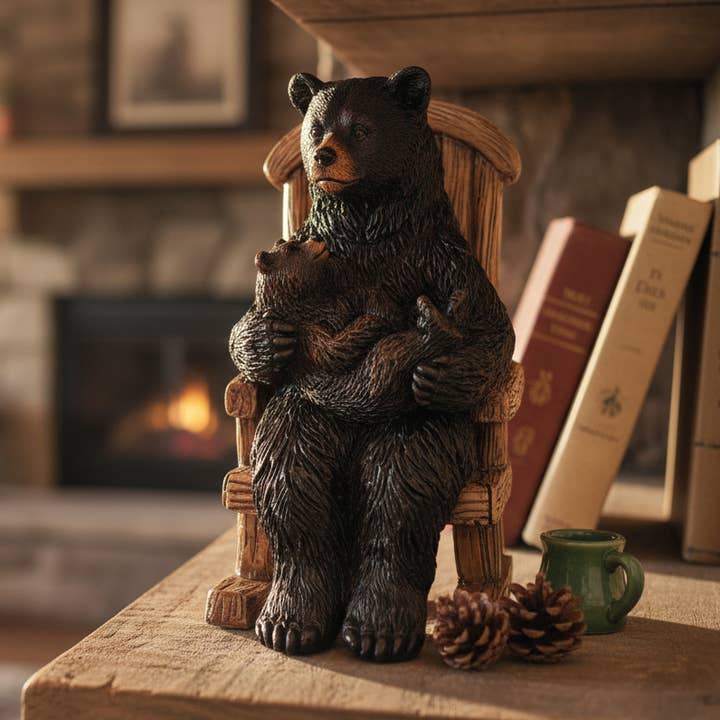 Black Bear Family Mama & Cub Rocking Chair Tabletop Figurine for wholesale by De Leon Collections