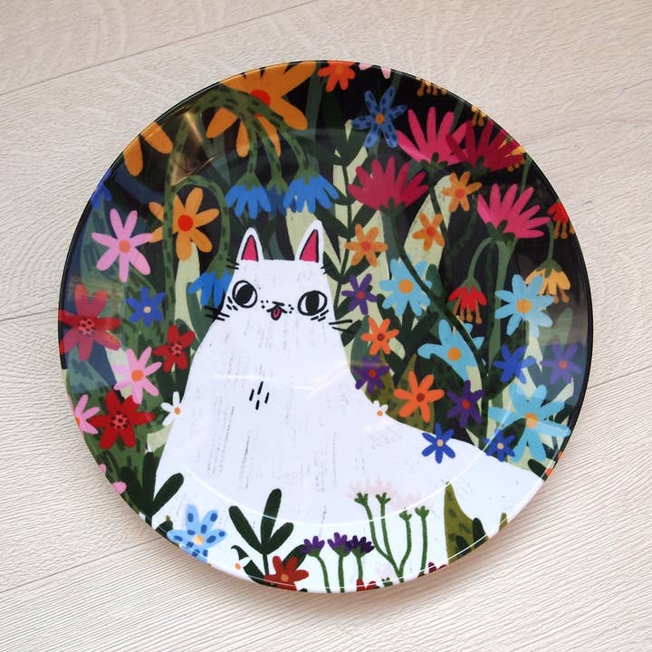 Katt och blommor illustrerad plasttallrik för snacks för wholesale av I LIKE CATS