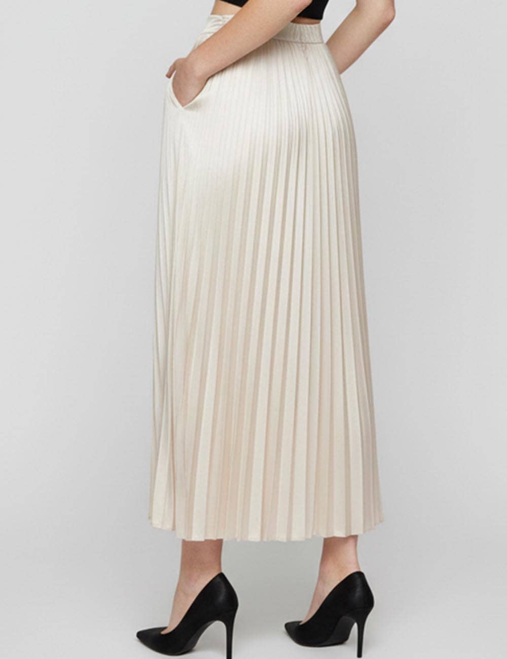 Sweetkama - Wholesale Skirt - Women's - Ladies Stain Solid Color Pleated Midi Skirt5