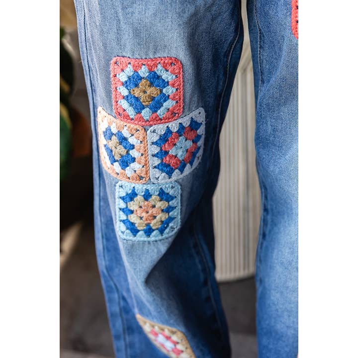 WASHED SQUARE CROCHET PATCHWORK DENIM JEANS for wholesale on Faire
