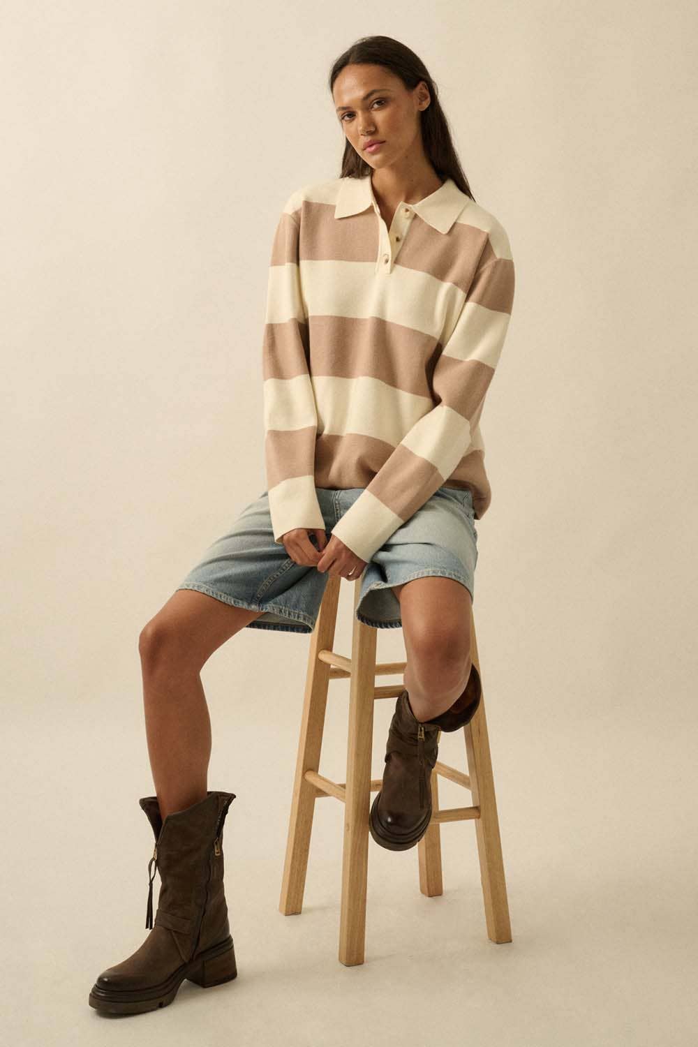 Promesa USA - Wholesale Knit Sweater - Women's - Striped Ribbed Knit Collared Rugby Sweater7