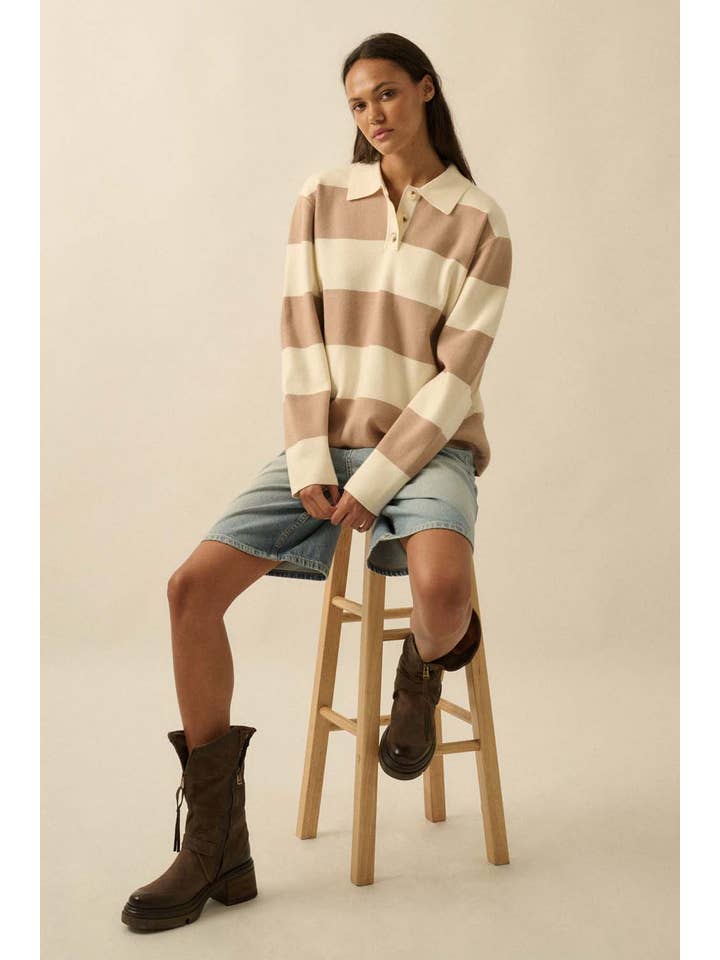 Promesa USA - Wholesale Knit Sweater - Women's - Striped Ribbed Knit Collared Rugby Sweater7