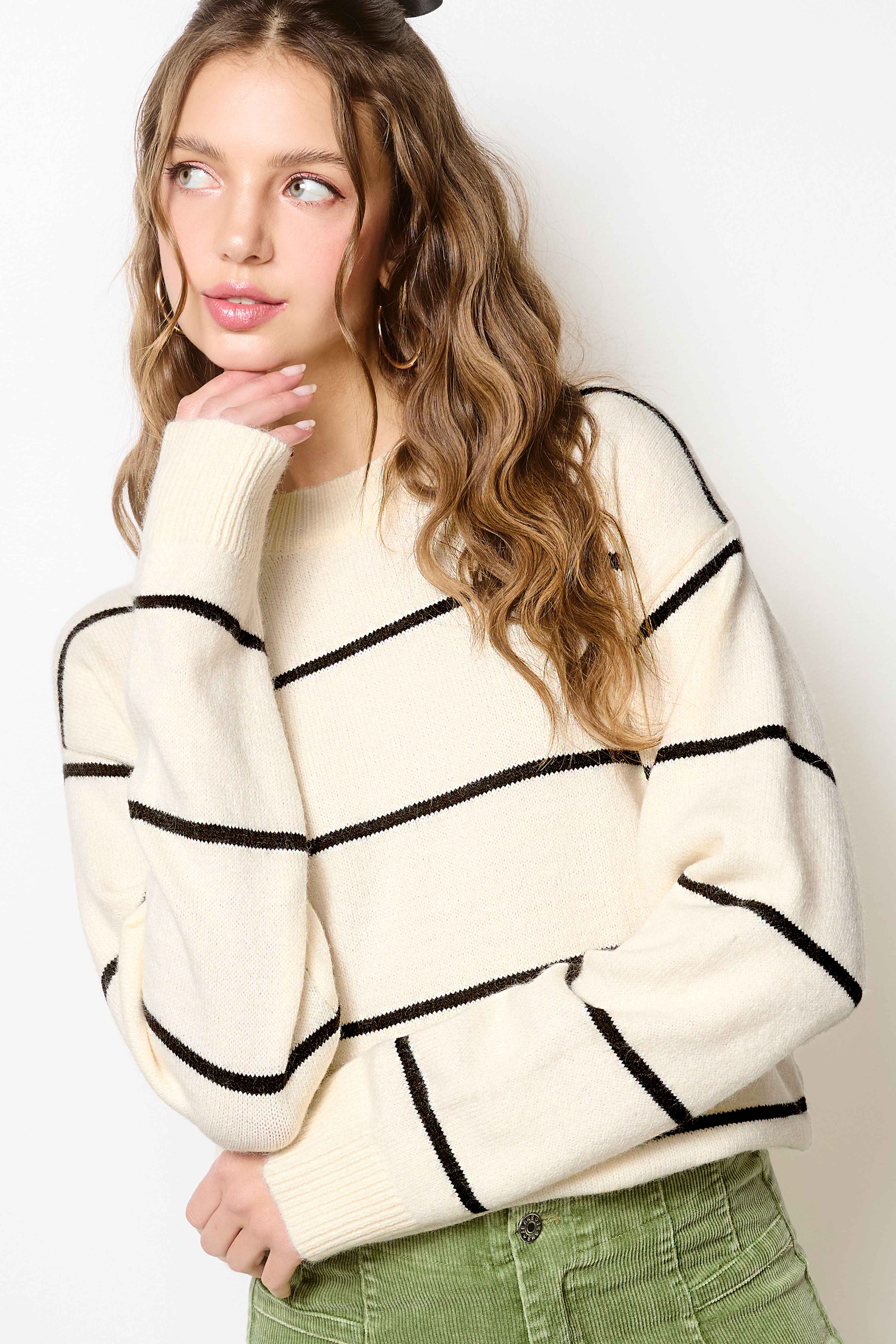 La Miel - Wholesale Knit Sweater - Women's - HCS3553-Loose Fit Stripe Long Sleeve Crewneck Sweater15