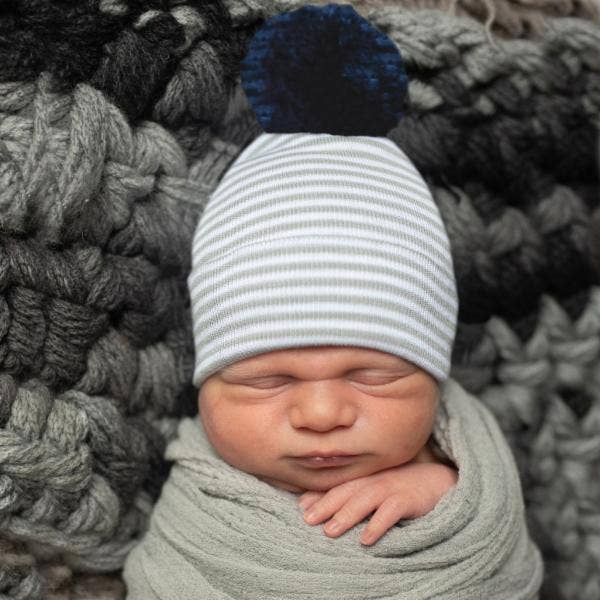 Aidian Gray White Stripe Navy Blue Pom Boys Hospital Hat for wholesale by www.ilybean.com
