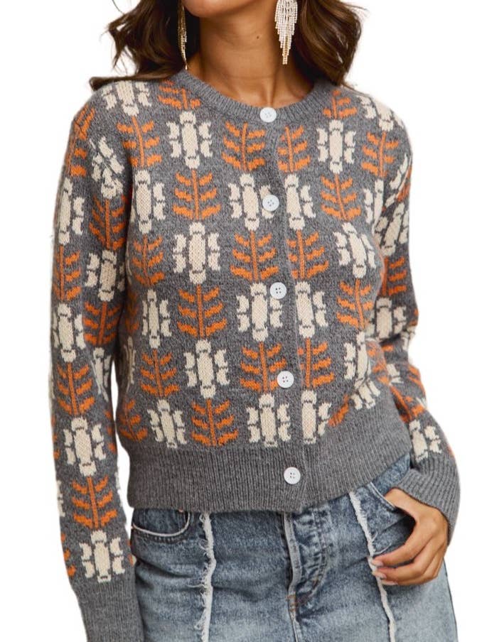 All Over Floral Patterned Button Sweater Cardigan for wholesale by Vanilla Monkey