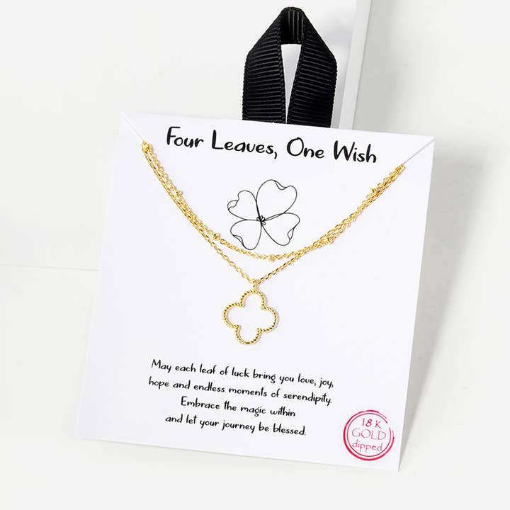SOPHIA WHOLESALE - Wholesale Pendant/Charm Necklace - Four Leaves One Wish Cutout Clover Double Layered Necklace