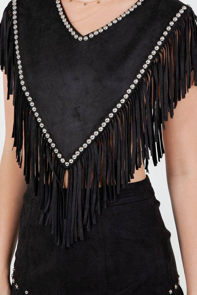 Saints & Hearts – wholesale Poncho – Women's – SIJ5410B BLACK STUD DETAIL FRINGED MINI PONCHO3