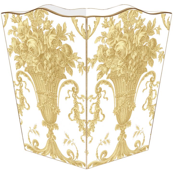 WB8634- Golden Vase on White Wastepaper Basket for wholesale by Marye-Kelley