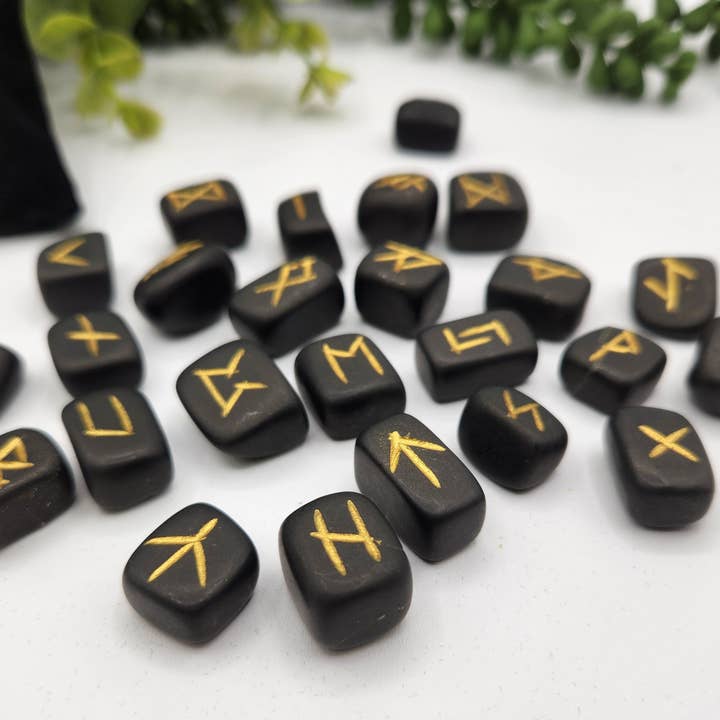 Meraki Gemstones - Wholesale Spiritual Stone/Crystal - Shungite Semi-Precious Gemstone Rune Sets with Velvet Pouch3