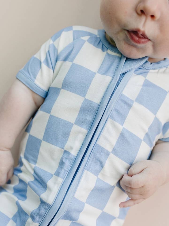 Lucky Panda Kids - Wholesale Jumpsuit - Baby - Baby Bamboo Shorty Romper | Blue Checkered
